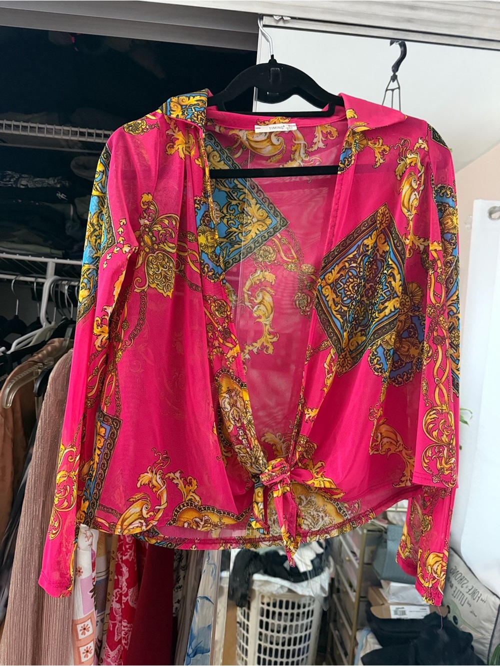 Timing Fuchsia Paisley-Print Tie-Front Sheer Blouse